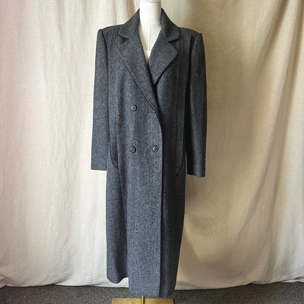 Vintage Alorna Wool Herringbone Long Coat Double Breasted Gray L Made in USA